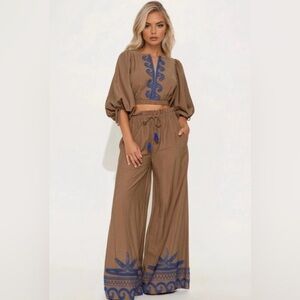 FASHION NOVA Women’s Cecilia Embroidered Linen Blend Pant Set Mocha Size S